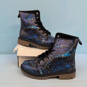 Blue Octopus Kraken Combat Vegan Men’s Leather Gothic Steampunk Boots EU 40.5